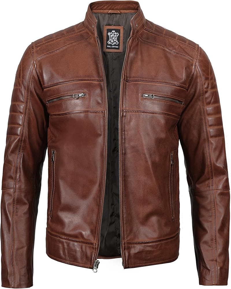 fjackets Cafe Racer Leather Jacket Men - Real Lambskin Natural Grain Leather Motorcycle Jackets For Mens