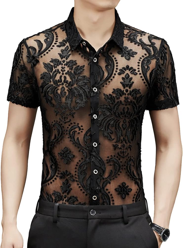 Men Women See Through Shirts Sexy Short Sleeve Night Club Fishnet Lace Shirt