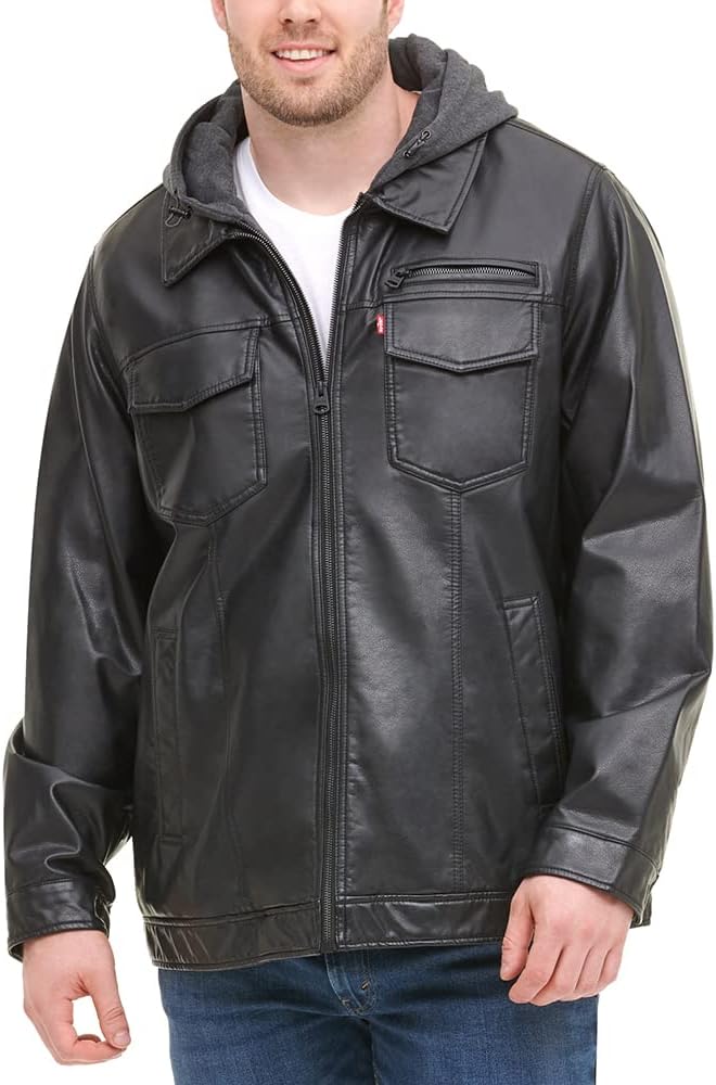 Levi's Men's Faux Leather Hooded Trucker Jacket with Sherpa Lining