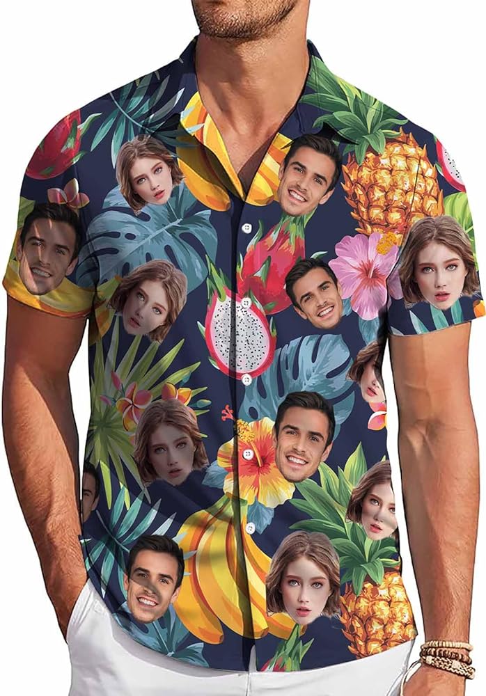 Custom Hawaiian Shirt W/Face for Men Personalized Funny Button Down Hawaiian Shirts w/Photo Tropical Beach Shirts