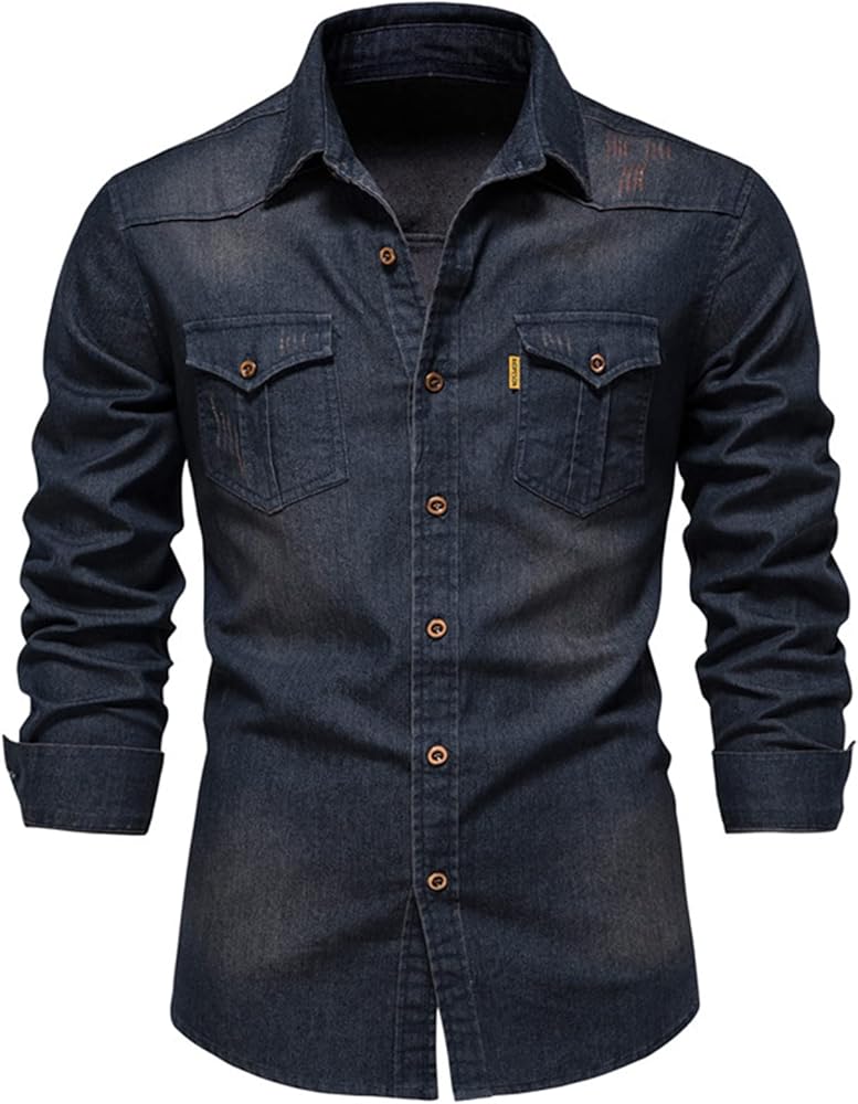 Men's Casual Denim Shirt Slim Fit Long Sleeve Button Down Shirt Distressed Washed Denim with Chest Pockets