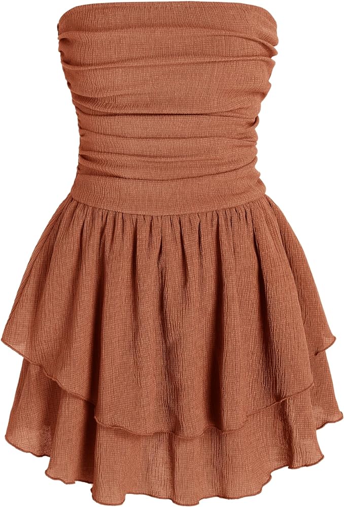 CIDER Women's Summer Cocktail Dress - Tube Ruched Ruffle Mini Dress