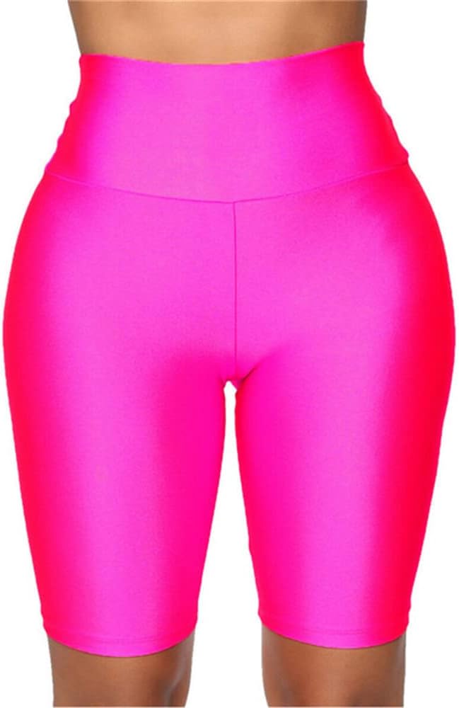 Women's Neon Shiny Biker Shorts High Waisted Stretchy Athletic Cycling Shorts Workout Running Active Shorts