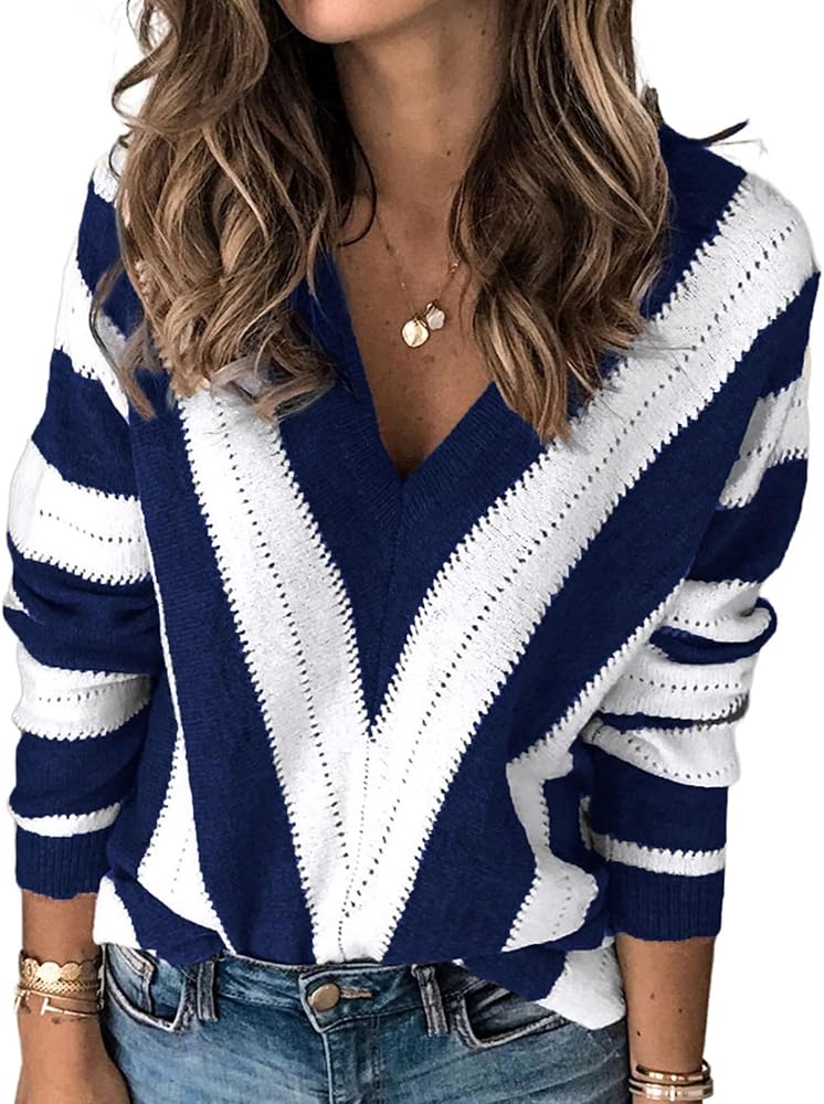 PRETTYGARDEN Women's Fashion Long Sleeve Striped Color Block Knitted Sweater Crew Neck Loose Pullover Jumper Tops