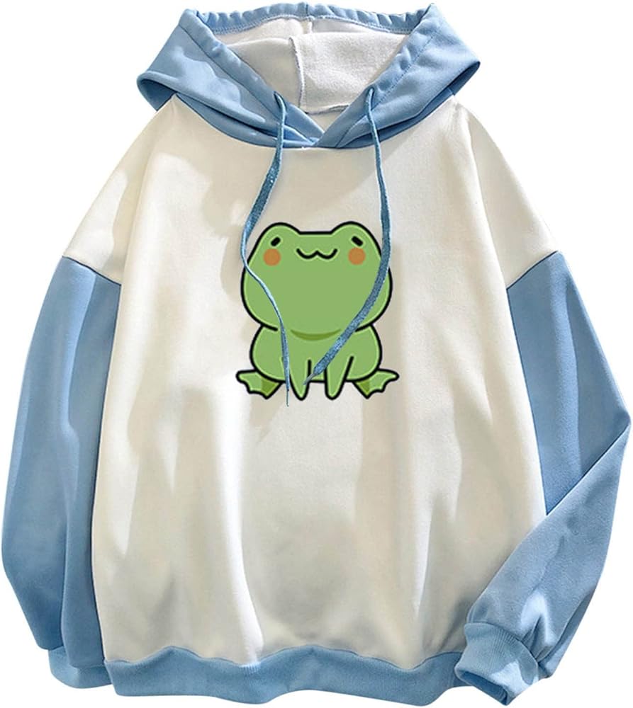 Attine Cute Frog Hoodie for Womens 2024 Long Sleeve Patchwork Sweatshirts Kawaii Frog Graphic Pullover with Pocket