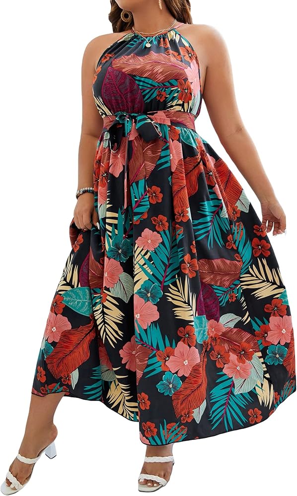 Floerns Women's Plus Size Boho Sleeveless Halter Neck Tie Back A Line Long Dress