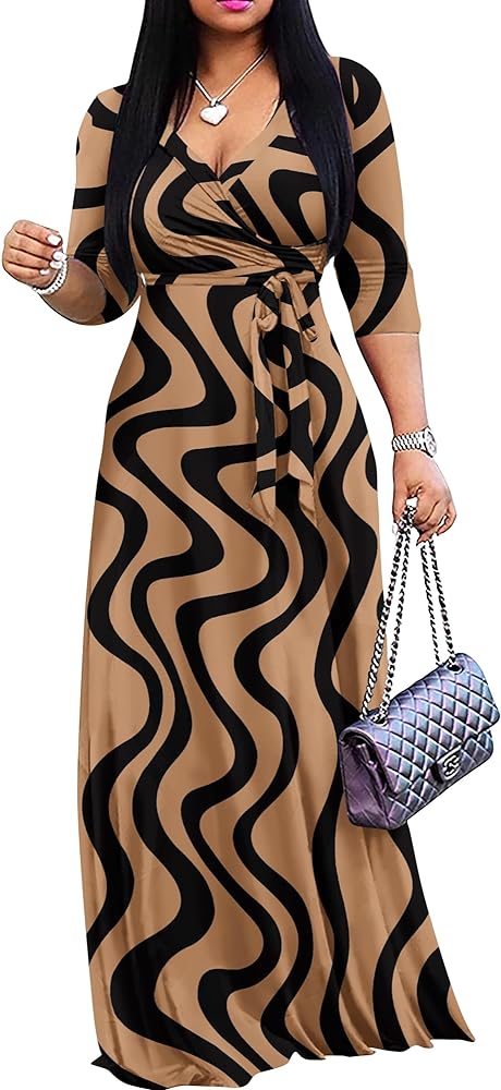 FANDEE Plus Size Maxi Dress for Women Casual Summer Sundress V-neck 3/4 Sleeve