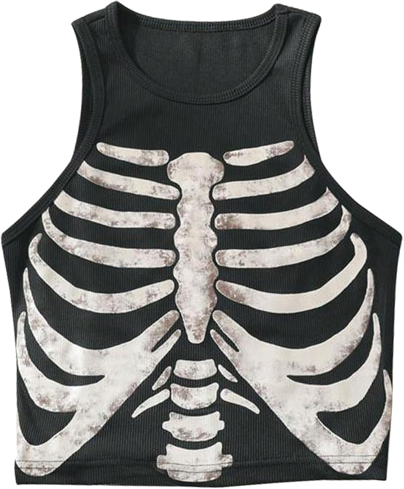 Women Y2K Skeleton Graphic Print Aesthetic Crop Tank Top Sleeveless Ribbed Knit Grunge E-Girl Goth Cropped Vest Tops