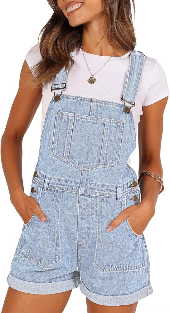 Pink Queen Women's Denim Shortalls Casual Adjustable Straps High Waist Bib Jeans Overalls Shorts Romper with Pockets