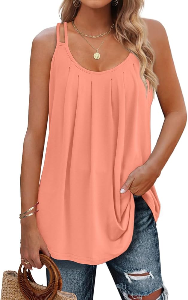 Summer Tank Tops for Women Spaghetti Strap Camisole Pleated Scoop Neck Sleeveless Loose Cami Top S-3XL