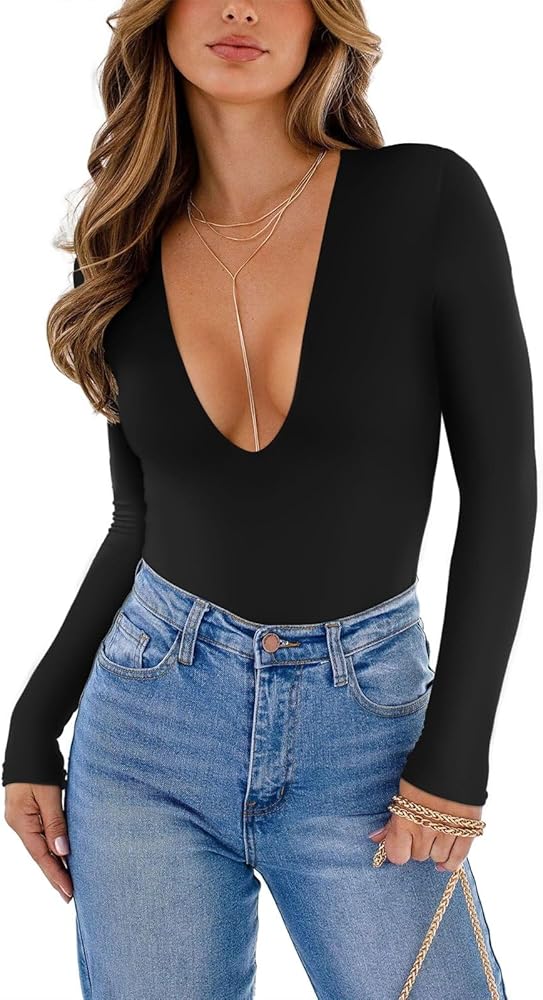 REORIA Women's Trendy Sexy Plunge Deep V Neck Long Sleeve Bodysuit Double Lined Going Out T Shirt Tops