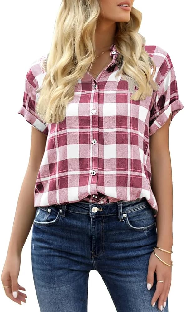 Veatzaer Women's Plaid Short Sleeve Button Down Shirt Casual Summer Blouses Tops