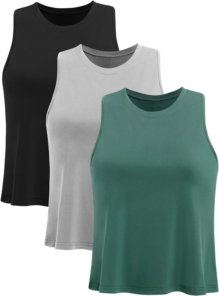 Crop Tops for Women Workout Athletic Tank Tops Flowy Cropped Tank Tops Yoga Sleeveless Muscle Shirts 3 Pack