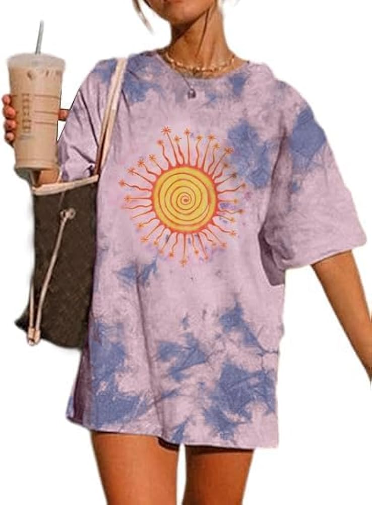 Remidoo Women's Casual Crewneck Short Sleeve Sun and Moon Print Tie Dye Oversized Graphic Top T-Shirt