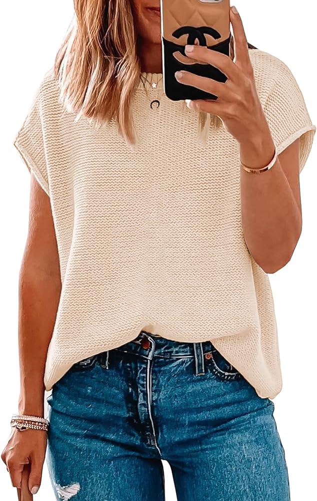 Women Short Sleeve Sweater Tops Spring 2024 Sleeveless Sweater Vest Casual Knit Cap Sleeve Sweater Tanks