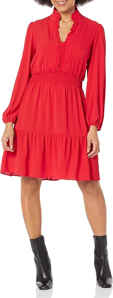 London Times Women's Stand Collar Tiered Dress with Smocking and Ruffle Details