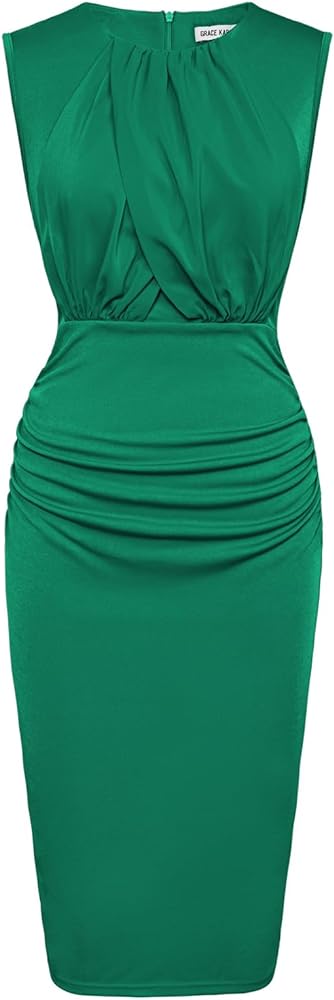 GRACE KARIN Women's Ruched Bodycon Dress Summer Sleeveless Front Drape Patchwork Crew Neck Midi Cocktail Dress