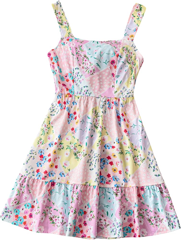 Floerns Women's Floral Print Knot Back Sleeveless Sundress Ruffle Hem A Line Dress