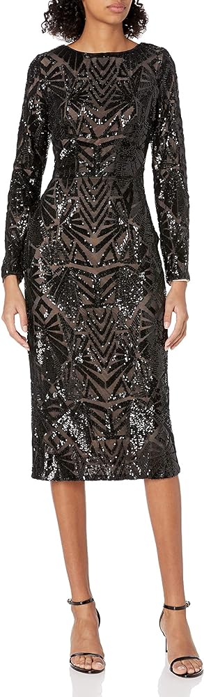 Dress the Population Women's Emery Long Sleeve Stretch Sequin Midi Sheath