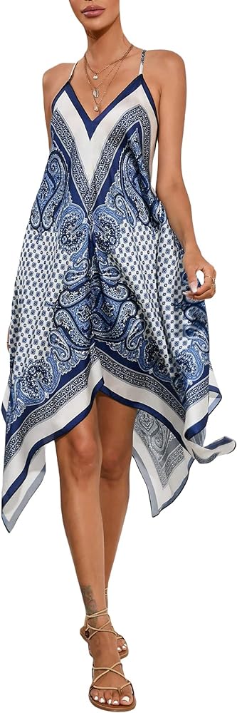 Floerns Women's Paisley Print Sleeveless Cami Dress Hanky Hem Asymmetrical Boho Dress