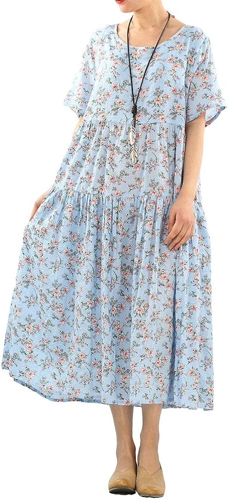 Minibee Women's Bohemian Maxi Dress Summer Short Sleeve Boho Floral Long Beach Swing Dresses with Pockets