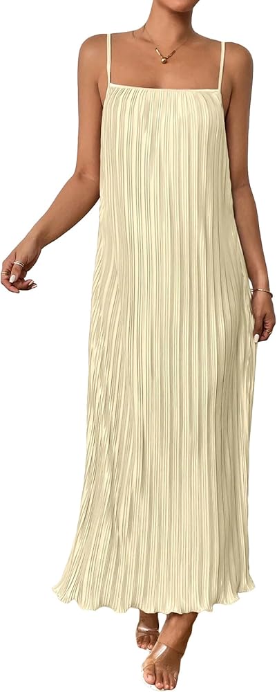 OYOANGLE Women's Sleeveless Spaghetti Strap Pleated Straight Flowy Long Maxi Cami Dress