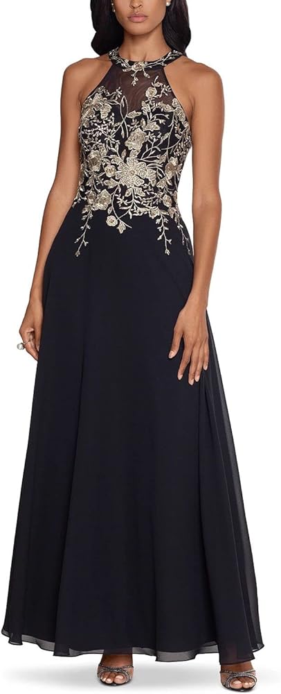 Betsy & Adam Women's Petite Long Embroidered Halter Chiffon Gown