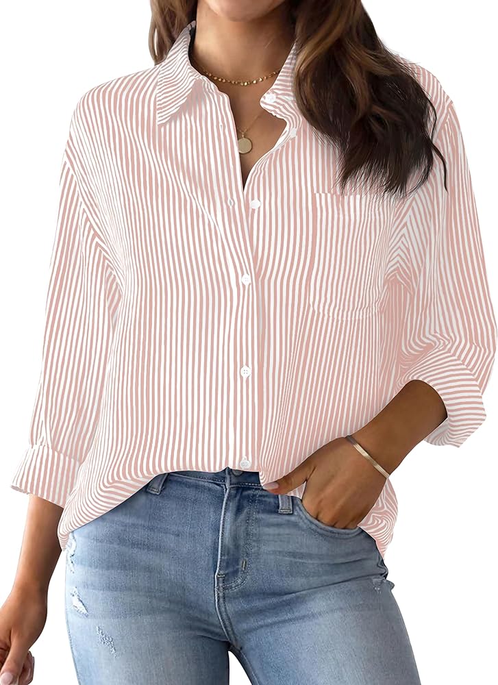 AISEW Womens Button Down Shirts Striped Classic Long Sleeve Collared Office Work Blouses Tops with Pocket