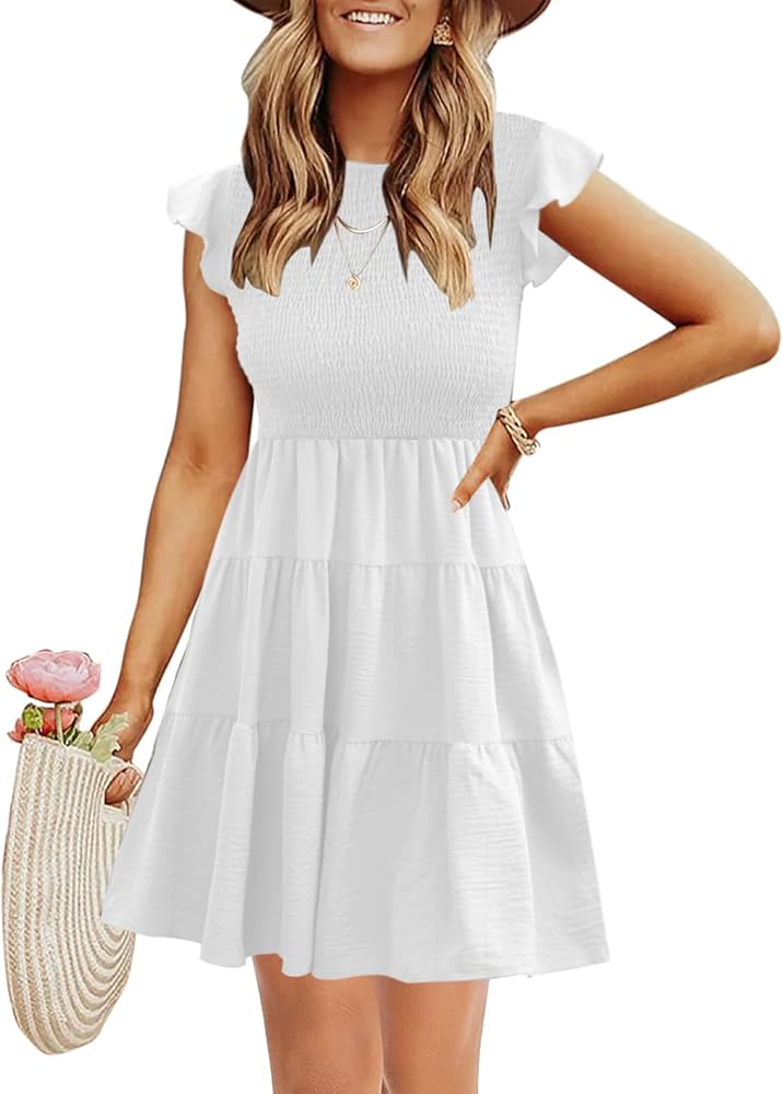 Women's Summer Casual Flutter Sleeve Tiered Dresses Crew Neck Smocked Elastic Waist Flowy Mini Dress