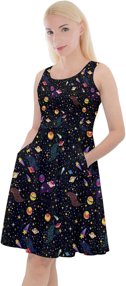 CowCow Womens Constellation Dress Starry Night Moon Stars Space Planets Mrs Frizzle Knee Length Pocket Skater Dress