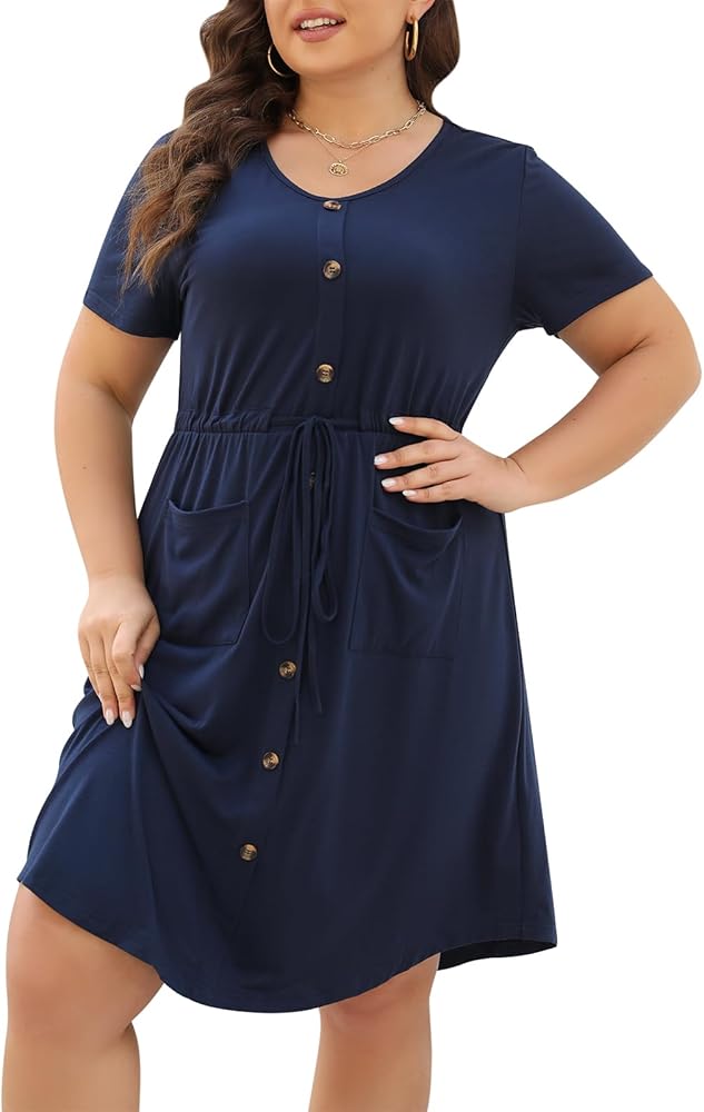 Celkuser Plus Size Summer Casual Midi Dresses for Women Short Sleeve V-Neck A-Line Dress with Belt and Pockets 2024