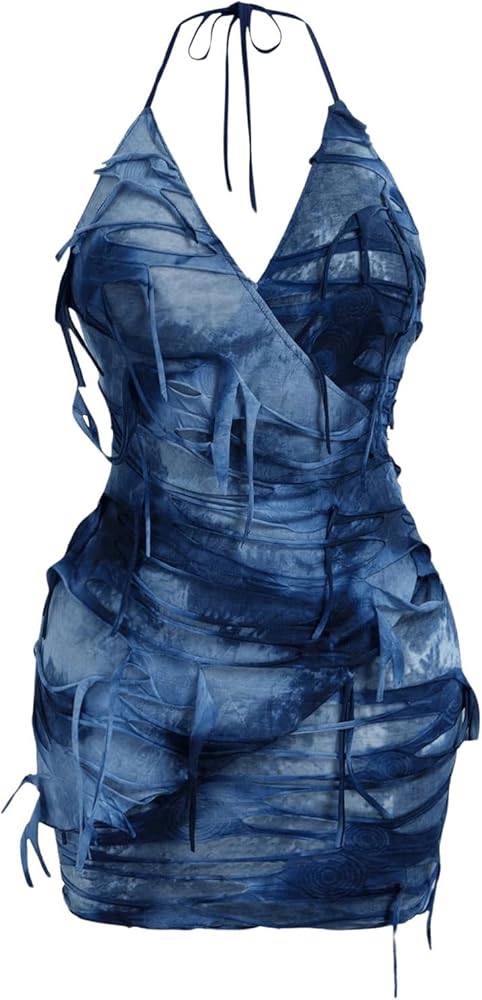 SOLY HUX Women's Plus Size Tie Dye Ripped V Neck Wrap Halter Bodycon Cami Dress Mini Dresses