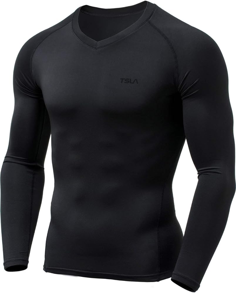 TSLA Men's Tactical V-Neck Long Sleeve Compression Shirts, Cool Dry Athletic Workout Shirt, Active Base Layer T-Shirts