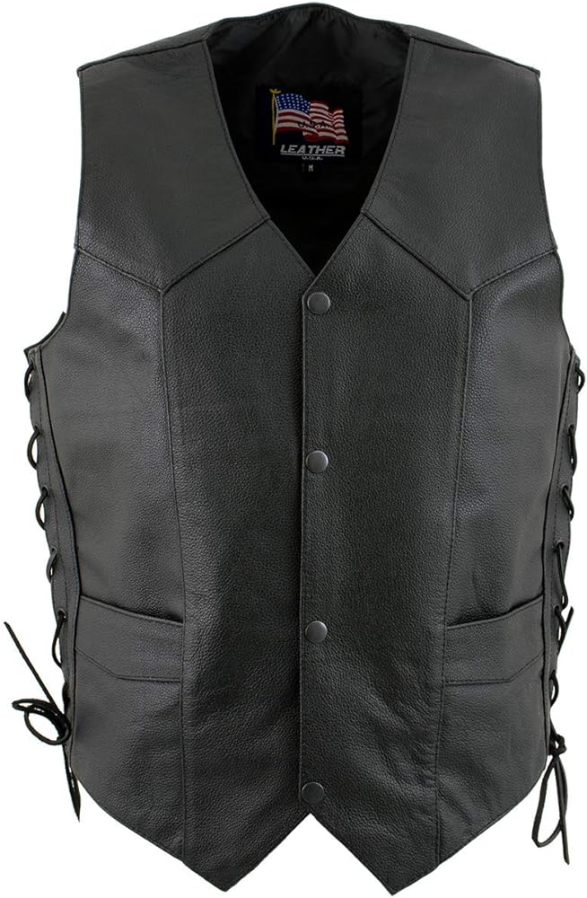 1202 Men's Classic ‘Side Laced’ Black Leather 4 Button Western Style Motorcycle Vest - Small