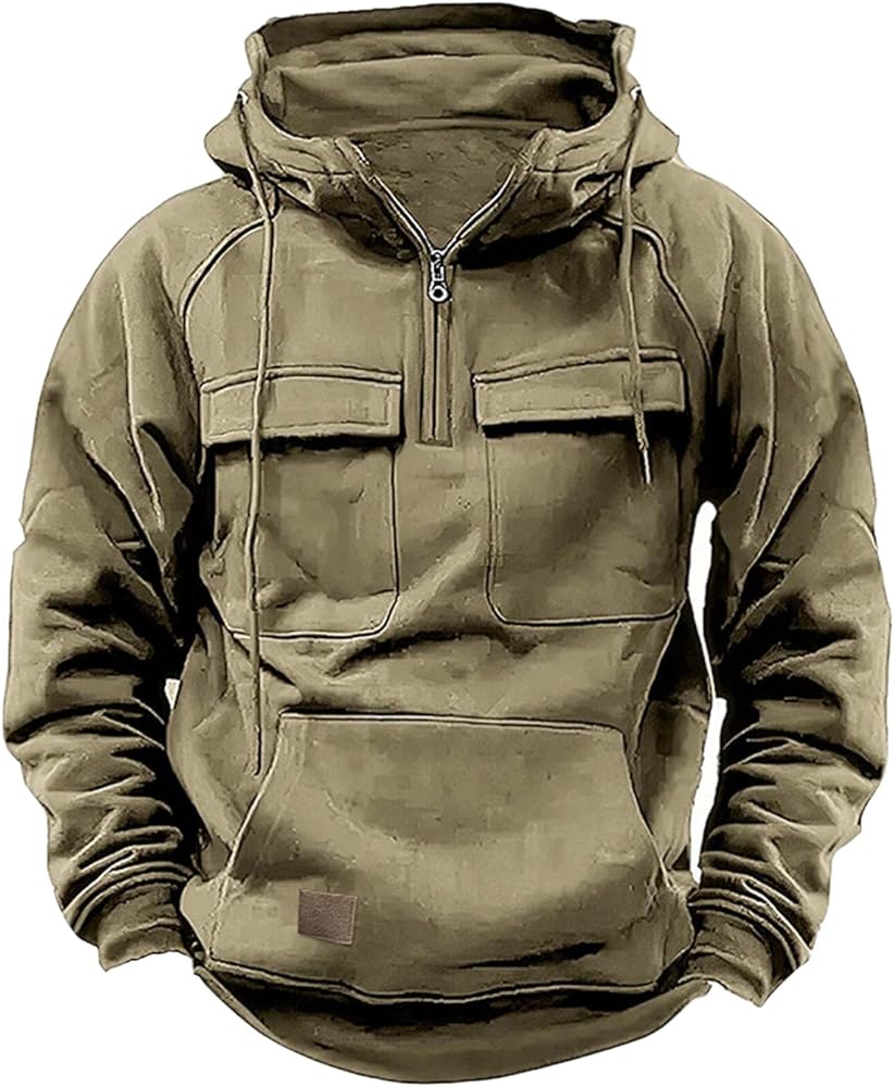 Mens Quarter Zip Pullover Hoodie with Cargo Pocket Tactical Hooded Sweatshirts Windbreaker Vintage Hunting Jacket