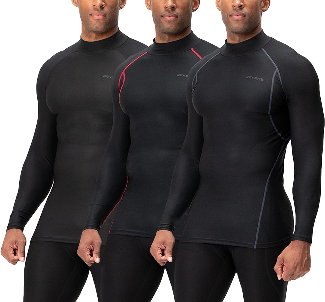 DEVOPS 3 Pack Men's Athletic Turtle Neck Long Sleeve Compression Shirts