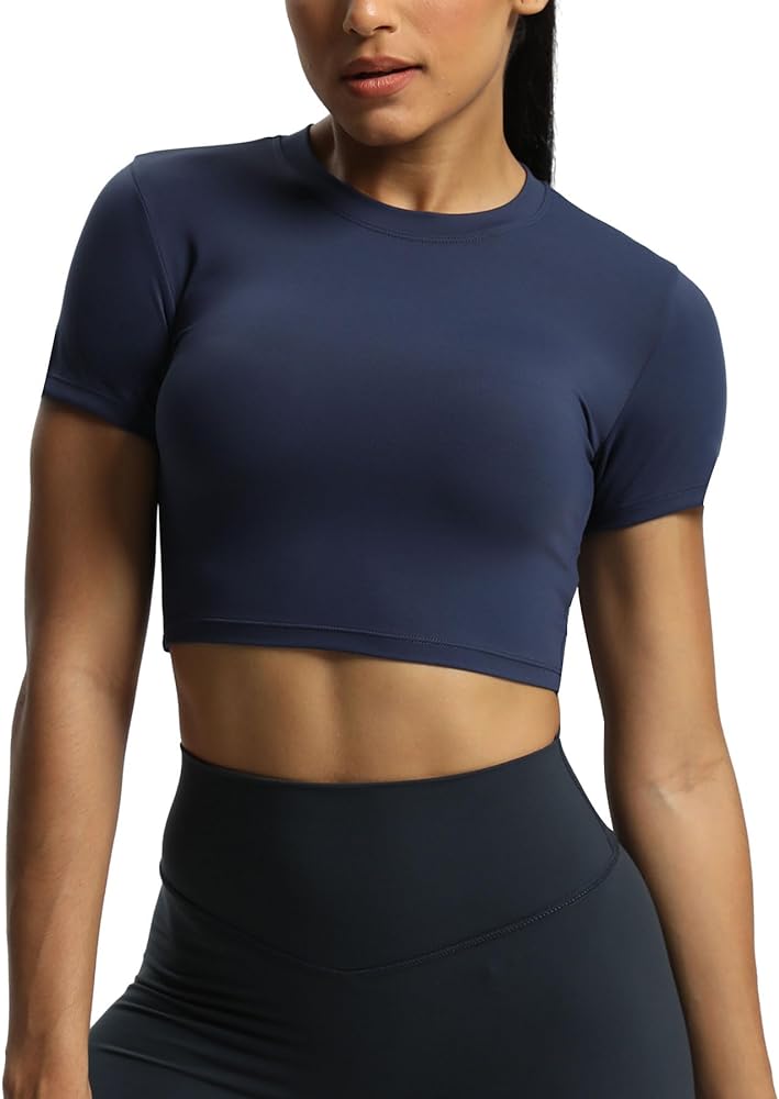 Aoxjox Short Sleeve Crop Tops for Women Classic Longline Workout Crop T Shirt Top