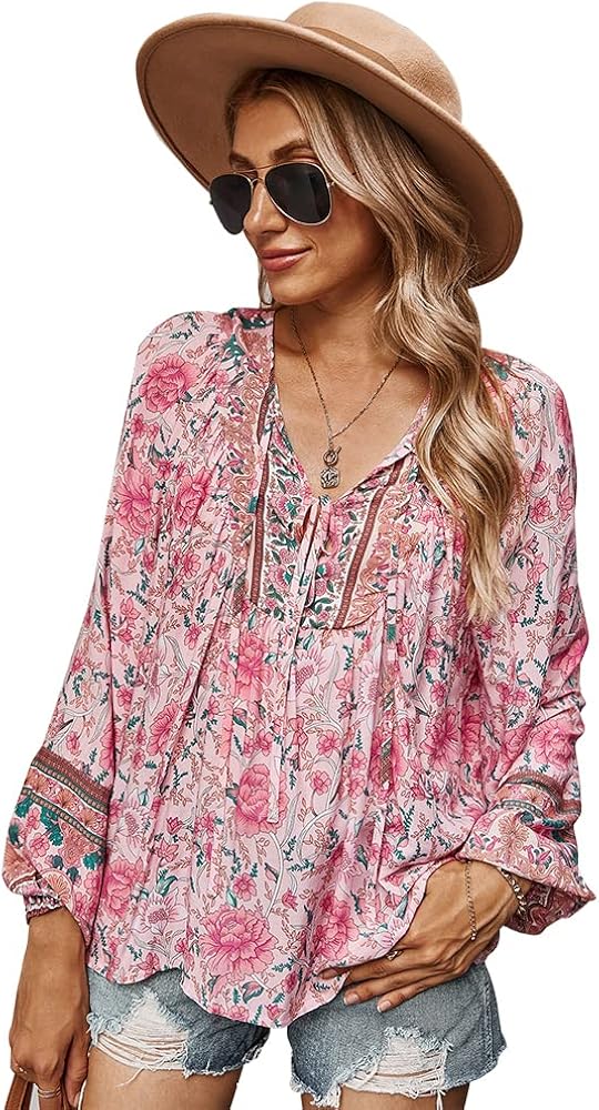 KAYWIDE Women's Casual Boho V Neck Top Loose Floral Printed Long Sleeve Beach Shirts Blouses