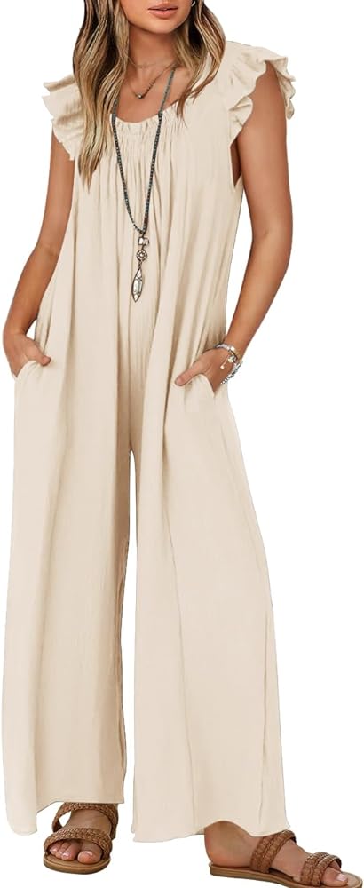 ZESICA Women's 2024 Summer Loose Jumpsuit Casual V Neck Sleeveless Oversized Wide Leg Pant Overalls Romper with Pockets