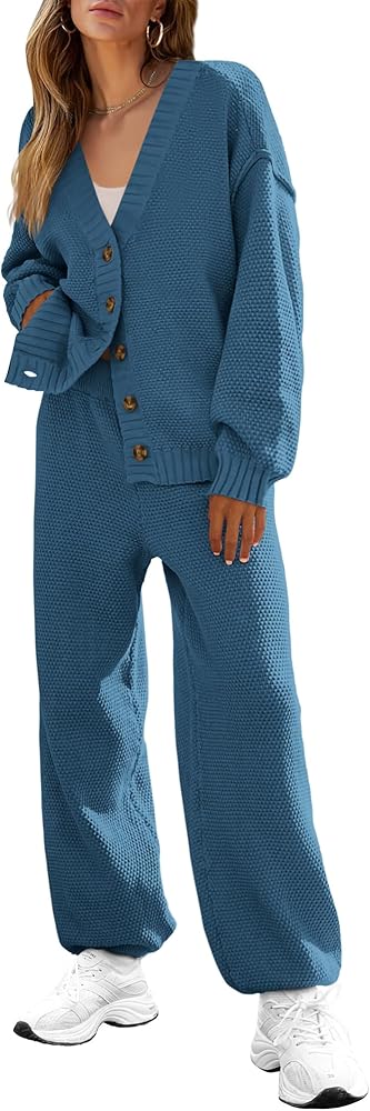 BTFBM Women 2 piece Outfits Fall Knit Sweater Sets Loose Casual Button Down Cardigan Long Pants Matching Lounge Set