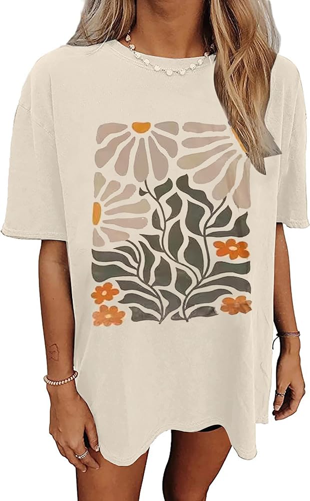 Oversized Tshirts for Women Wildflower Graphic Tees Hiking Crewneck Short Sleeve Clothes Casual Loose Hawaii Tops