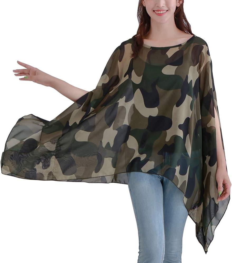 Women's Loose Solid Sheer Chiffon Caftan Poncho Batwing Tunic Top Blouse Summer Oversized Shirts