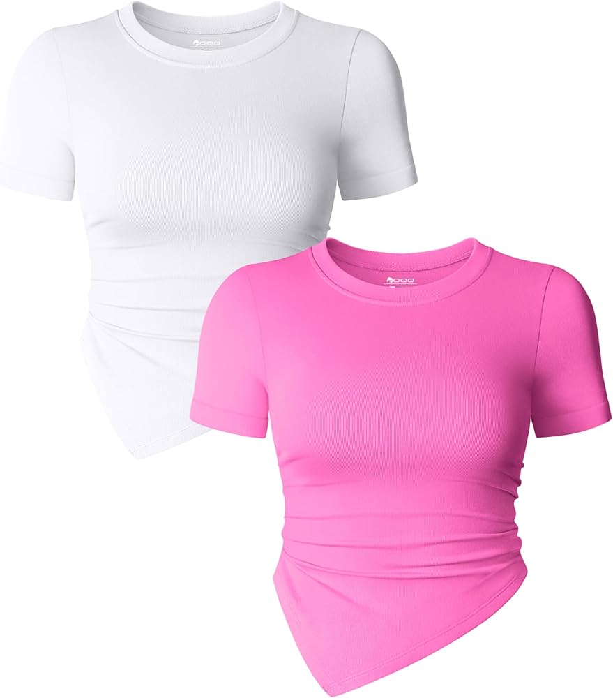 OQQ Women's 2 Piece Tops Short Sleeve Crew Neck Ruched Stretch Fitted Tee Shirts Tops