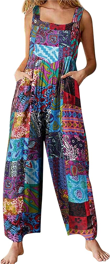 Himosyber Women's Patchwork Dual Pocket Jumpsuit Loose Floral Print Bohemian Wide Leg Bib Overall