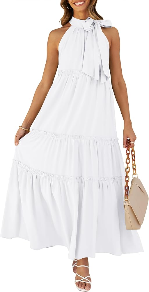 ZESICA Womens Summer Boho Halter Maxi Dresses 2024 Casual Sleeveless Pleated Tiered Flowy Beach Vacation Long Dress