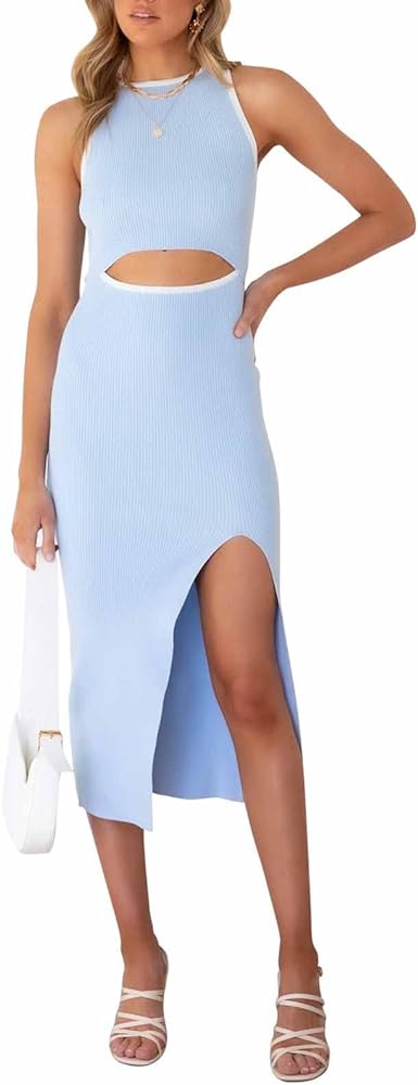 Pink Queen Women's Cutout Crew Neck Sleeveless Tank Slit Ribbed Bodycon Midi Dresses