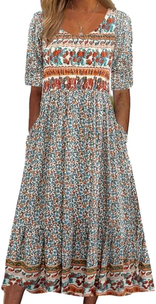 ZOCAVIA Women's Boho Floral Printed Maxi Dress 2024 Summer Casual Loose Flowy Bohemian Vintage Short Sun Dresses with Pockets