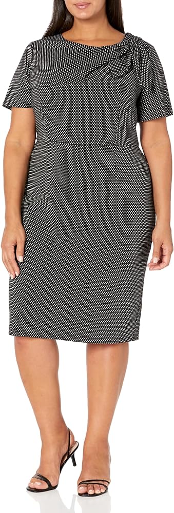 London Times Women's Sheath Dress with Draping and Bow and Twist Detail at Neck