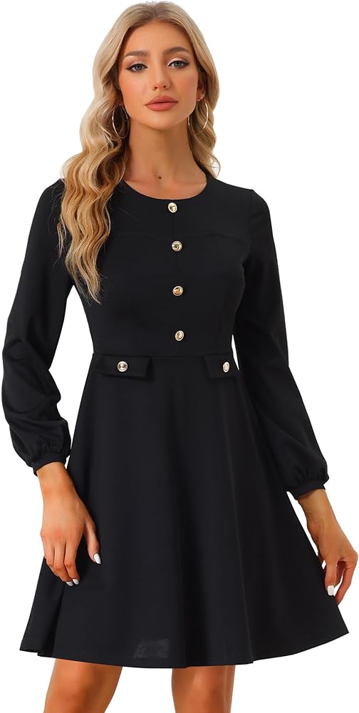 Allegra K Work Office Dress for Women's Button Decor A-Line Long Sleeve Dress