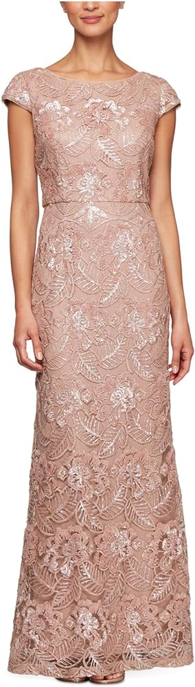 Alex Evenings Women's Long Embroidered Cap Sleeve Dress